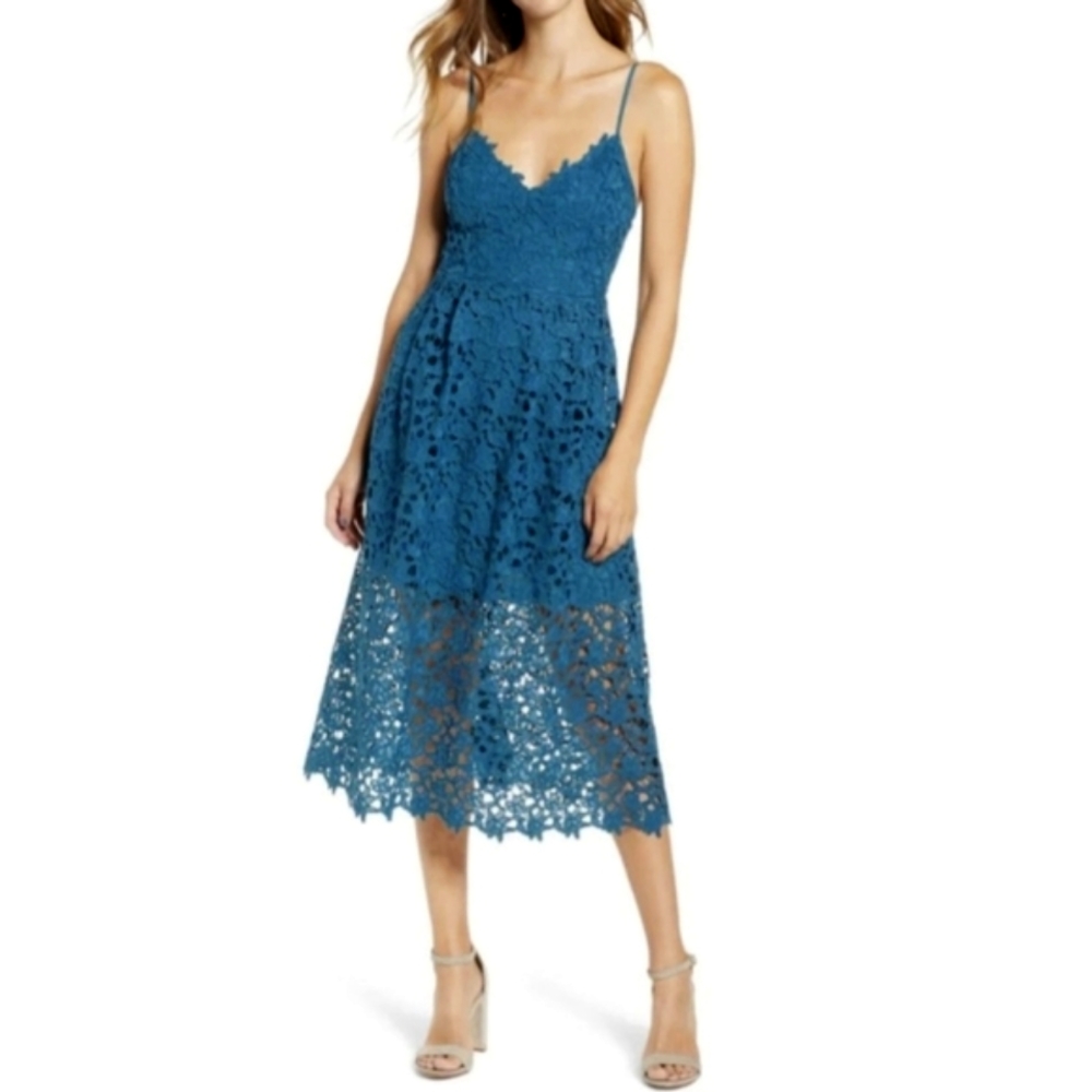 ASTR The Label A-line Lace Midi Dress Teal Womens Size L